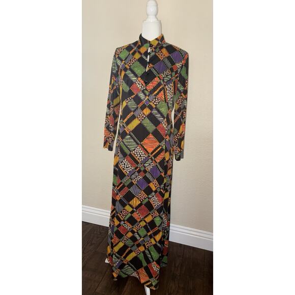Vintage Polyester Dress Patchwork Zip No Designer Union Label S M High Neck Zip - Picture 1 of 15